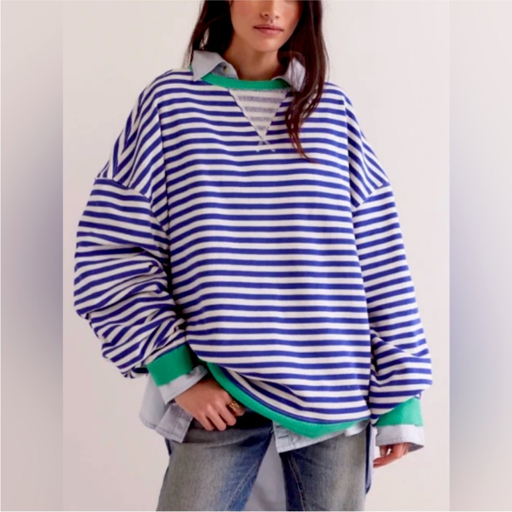 NEW Viral Free People Classic Striped Oversized Crew Sweatshirt Size Large
